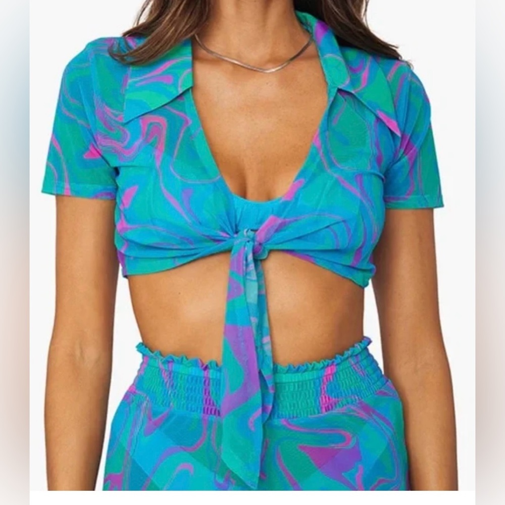 Weworewhat Waves Tie-Front Crop Top  in Turquoise & Purple NWT
